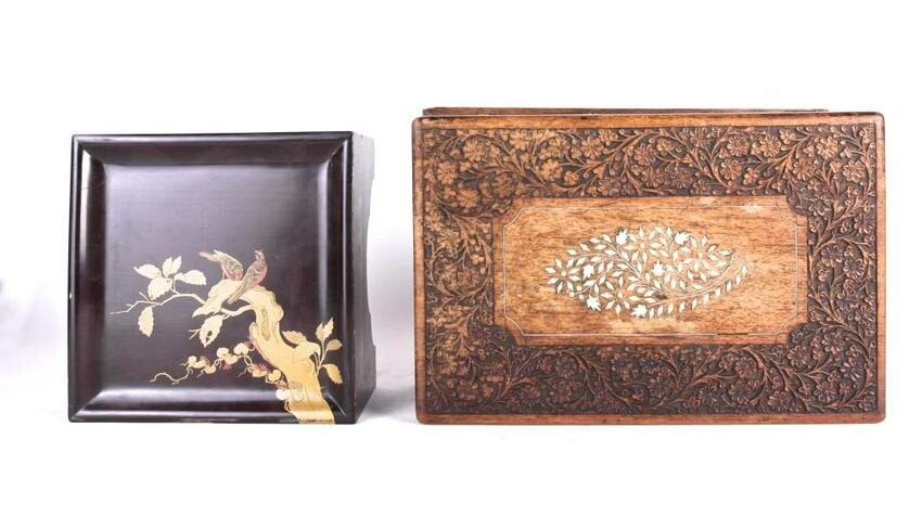 INDIAN CARVED JEWELRY BOX WITH BONE INLAID