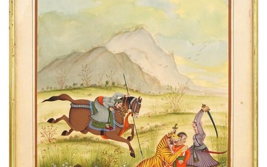 INDIAN MUGHAL MINIATURE PAINTING TIGER ATTACK