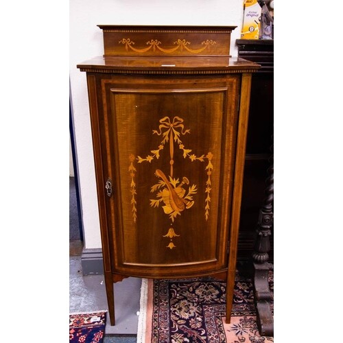 INLAID MAHOGANY BOW FRONT MUSIC/DRINKS CABINET. 54 X 40CM...
