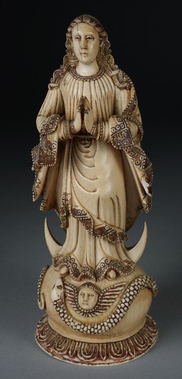 Indo-Portuguese Ivory Figure of the Immaculata with Half Moon and Stand FD1A