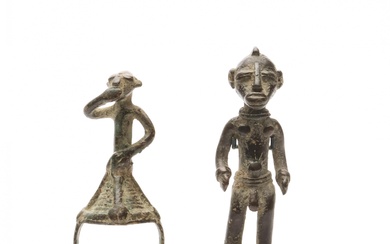 Ivory Coast, Senufo, copper alloy standing male figure and a Burkina Faso, copper alloy ring