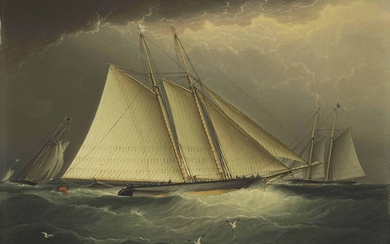 James Edward Buttersworth (1817-1894), Three Schooner Yachts Racing in a Squall