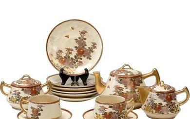 Japanese Satsuma Hand Painted Floral Gilt Porcelain Tea Dessert Service for 6