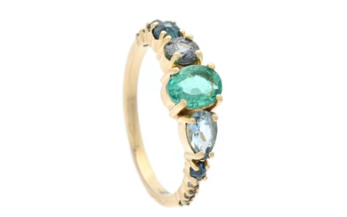 Jewellery Ring RING, 14K gold, emerald, aquamarines, green sapphire, treat...