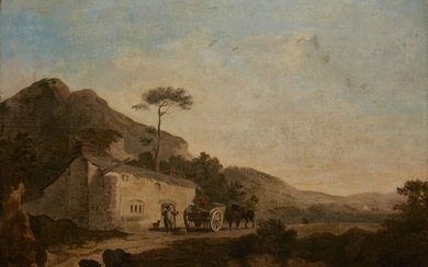 John Rathbone, British c.1750-1807- A mountainous landscape with a horse...