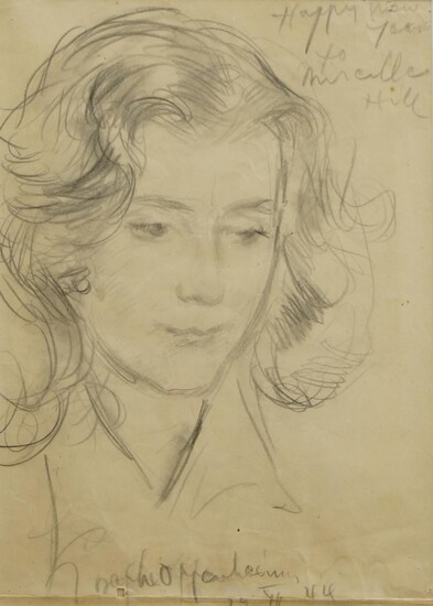 Joseph Oppenheimer, German 1876-1966- Portrait of Lana, age 24; pencil on paper, signed and dated '29.XII.44' lower edge, inscribed 'Happy new Year to ... Hill' upper edge, bears inscribed label 'Lana age 24 / Horsham / drawn by Oppenheimer' to the...