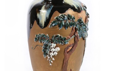 LARGE Japanese Sumida Gawa porcelain pottery vase with applied floral blossom tree branch design and