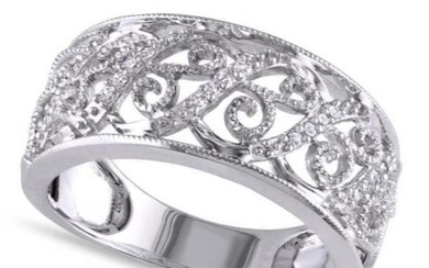 Ladies Pave Set Filigree Diamond Ring 14k White Gold 0.10ctw