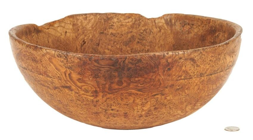 Large 19th Century Burl Wood Bowl, 14"