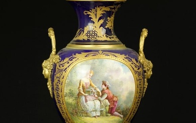 Large 19th century French Sevres bronze mounted porcelain cobalt blue centerpiece urn, signed