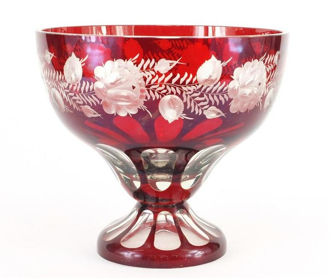 Large Bohemian red flashed cut glass centre bowl