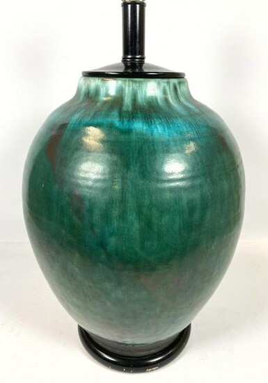 Large Green Glazed Pottery Table Lamp. Mid Century Mode
