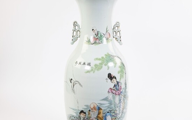 Large baluster vase depicting immortals on a boat made from a livine tree. He Xiangu at the helm, Shao Lao and his appretice as passengers. Signed Jiangxi Lizhen Ji. Republic period