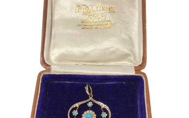 Late Victorian gold turquoise and seed pearl pendant