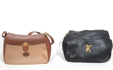 Leather and fabric handbags.