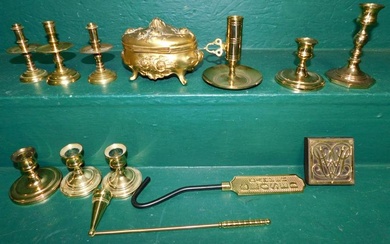 Lot Brass Candlesticks & Dresser Box
