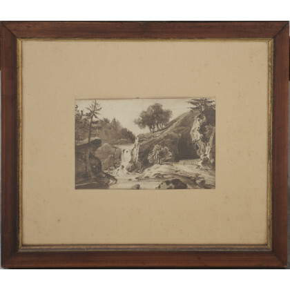 Lotto composto da due disegni del secolo XIX: "Paesaggio con cascata" pennello e acquerello (mm 125x195 circa) e "Torneo di...