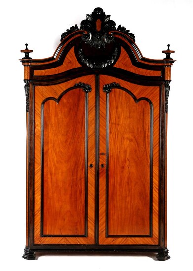 (-), Mahogany veneer 2-door cabinet with ebonised hood,...