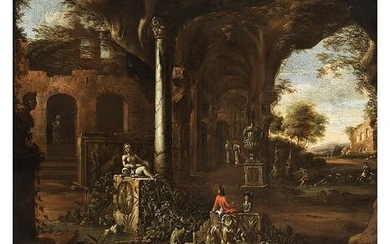 Mathias Calzetti Withoos, 1627 Amersfoort – 1703 Hoorn, BLICK AUF EINE LANDSCHAFT MIT RÖMISCHEN RUINEN UND JAGDGESELLSCHAFT