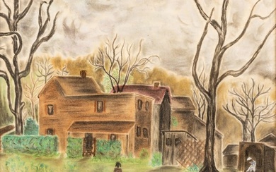 McGraw, Watercolor And Pastel on Paper, Ca. Mid 20th C., "Home with Children Playing in the Yard", H