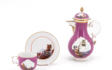 Meissen | A PORCELAIN JUG, CUP AND SAUCER WITH PURPLE GROUND AND LANDSCAPE CARTOUCHES