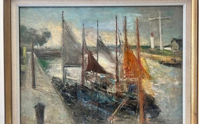 Mid Century French Post-Impressionist Oil Boats Moored Estuary Scene, framed 1950's