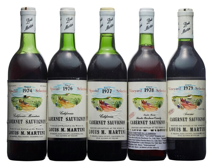 Mixed Louis Martini, Cabernet Sauvignon, Louis Martini, Special Selection Cabernet Sauvignon 1974 Slightly nicked labels Levels three top and one mid-upper shoulder (4) 1976 Good appearance Levels one base of neck and oen top shoulder (2) 1977 Good...