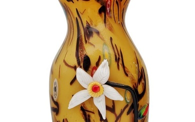 Murano Italian Art Glass Ann Primrose Signed Floral Hand Applique Vase w Label