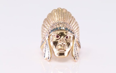 Native America Indian Chief Head Ruby / Sapphire & Diamond Ring 14Kt.