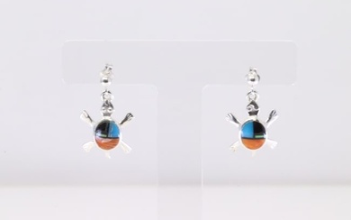 Native American Navajo Sterling Silver Multi-Color Inlay Turtle Post Earring's.