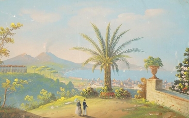 Neapolitan School, 19th century- View of Naples with Vesuvius; gouache on paper laid down on card, 37.2 x 50.5 cm (unframed)