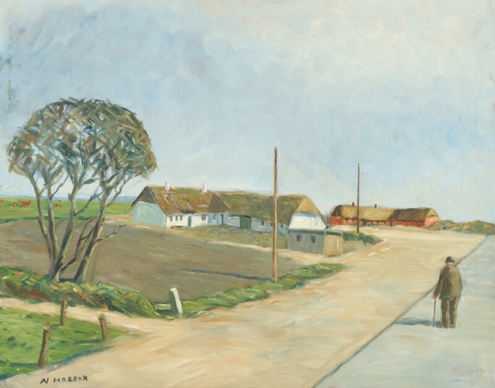 Niels Holbak: Landscape with a man near thatched houses. Signed N. Holbak. Oil on canvas. 54×68 cm.
