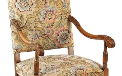 (-), Walnut richly decorated armchair with floral upholstery...
