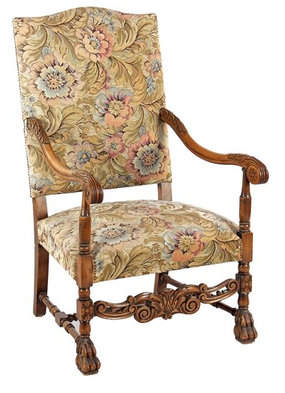 (-), Walnut richly decorated armchair with floral upholstery...