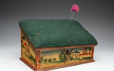PAINT-DECORATED PINE BOX WITH PINCUSHION TOP.