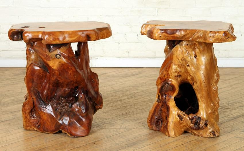 PAIR NATURAL WOOD END TABLES EXOTIC WOOD TOPS