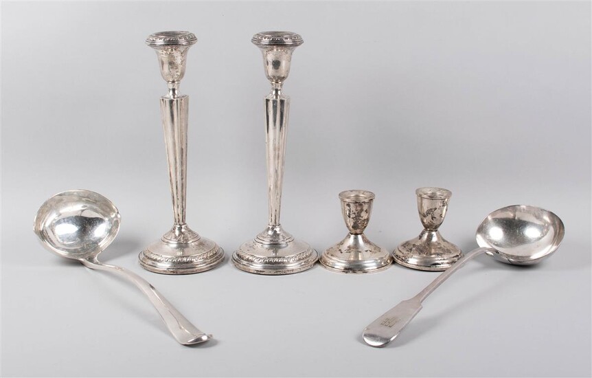PAIR OF AMERICAN SILVER LOW AND A PAIR OF TALL CANDLESTICKS, WITH TWO PLATED PUNCH LADLES