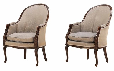 PAIR SWAN CARVED MAHOGANY LOUNGE CHAIRS IN THE EMPIRE STYLE...