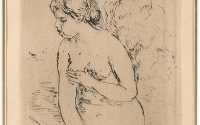 PIERRE AUGUSTE RENOIR, FRENCH 1841-1919, BAIGNEUSE DEBOUT A MI-JAMBES, 1910, Etching, Image: 6 1/2 x 4 1/4 in. (16.5 x 10.8 cm.); Frame: 15 1/2 x 12 1/2 in. (39.4 x 31.8 cm.)