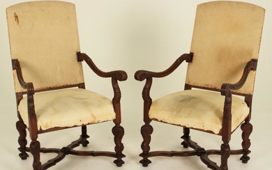 PR. OF 19TH C.LOUIS XIV STYLE CARVED WALNUT FAUTEUILS