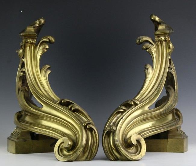 Pair French Ornate Bronze Acanthus Scroll Andirons