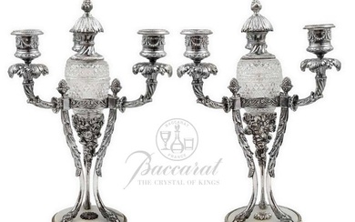 Pair Of French 19th C. Silver Plated On Bronze With Baccarat Crystal Candelabras