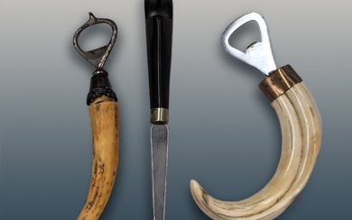 Pair Of Vintage Tusk Bottle Openers, One Sterling Silver, And A Carved Horn Handled Letter Opener
