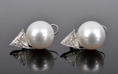 Pair of 18K Gold, Diamond & South Sea Pearl Estate Clip Earrings