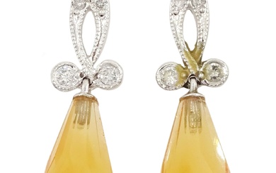 Pair of 18ct white gold briolette citrine and milgrain set diamond pendant stud earrings