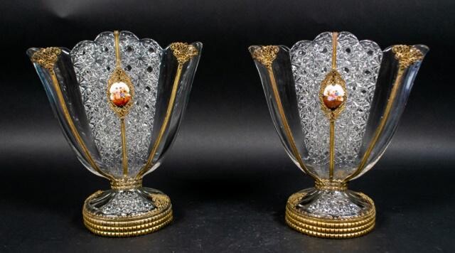 Pair of Glass Fan Vases With Porcelain Plaques