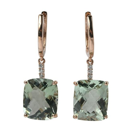 Pair of Green Quartz, Diamond, 14k Rose Gold Earrings.