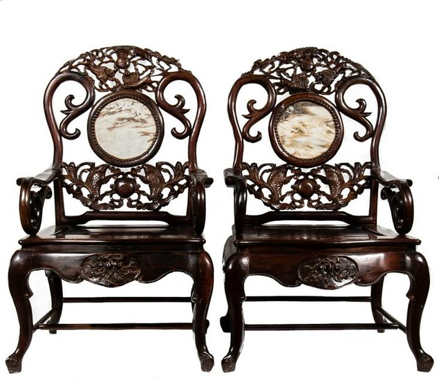 Pair of Marble Backed Chinese Chairs, 19th Century