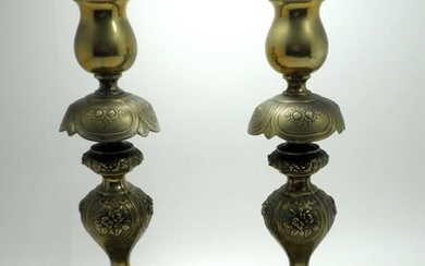 Pair of Old Varsovian Brass Shabbat Candlesticks made by Norblin