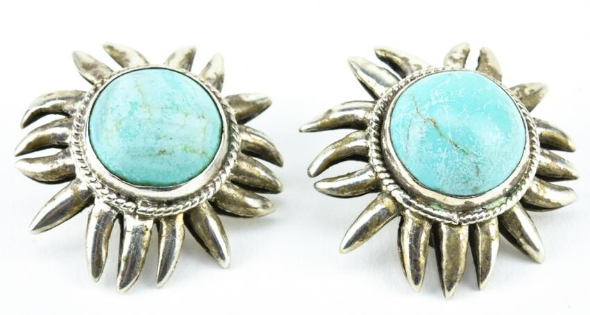 Pair of Sterling Silver & Turquoise Sun Earrings
